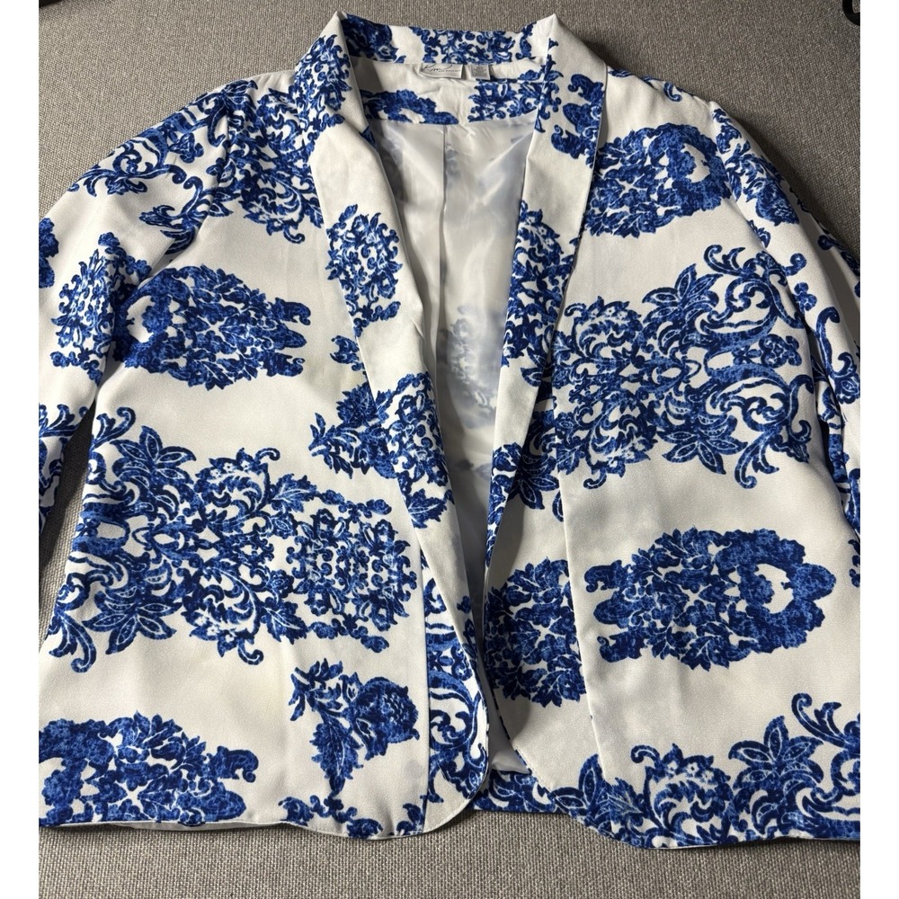 Kim Rogers Women's Open Front Blazer Jacket Size Large Blue And White Floral - Picture 2 of 12